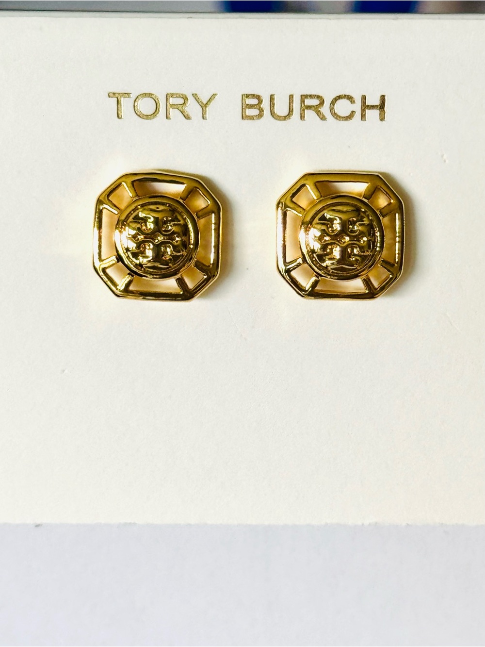 NWT Tory Burch Gold Octagon Logo Stud Earrings